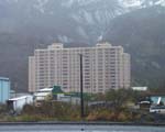 The Begich Towers is where 95% of the population of Whittier lives.  It certainly reminds me of russian gulag row houses in the Russian Far East.